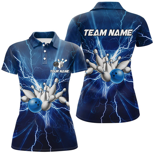 Women bowling polo shirts Custom blue lightning thunder Bowling Team Jersey, gift for team Bowlers NQS6638