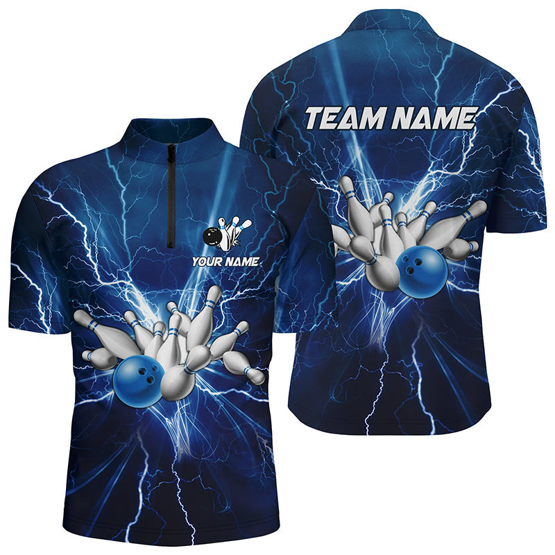 Men's bowling Quarter Zip shirts Custom blue lightning thunder Bowling Team Jersey, gift for Bowlers NQS6638