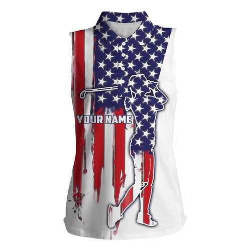 American flag Womens sleeveless polo shirt custom name patriot golf gifts, golf shirts for women NQS4570
