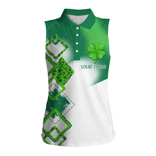 Womens sleeveless polo shirt custom green clover St Patrick day golf shirts, golfing gifts NQS4741