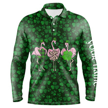 Load image into Gallery viewer, Funny Mens golf polo shirt green clover St Patrick day background custom name Flamingo golf friends NQS4742