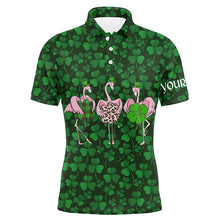 Load image into Gallery viewer, Funny Mens golf polo shirt green clover St Patrick day background custom name Flamingo golf friends NQS4742