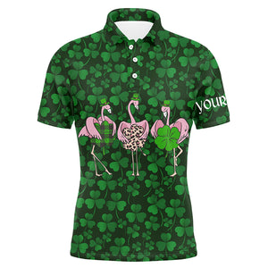 Funny Mens golf polo shirt green clover St Patrick day background custom name Flamingo golf friends NQS4742