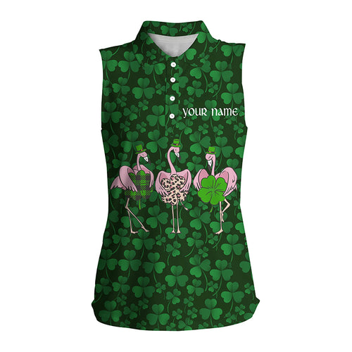 Funny Womens sleeveless polo shirt green clover St Patrick day custom Flamingo golf friends NQS4742