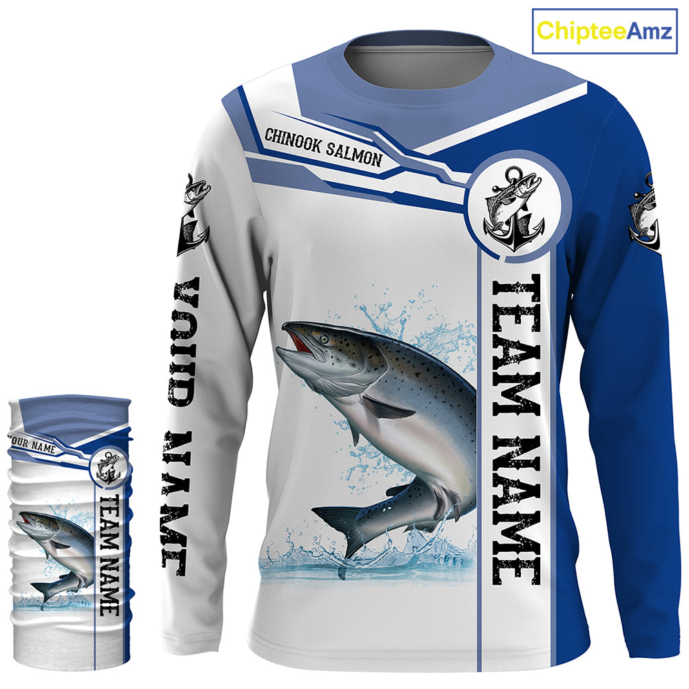 Chinook salmon fishing Customize name and team name tournament long sleeves fishing shirts| Blue NQS2658
