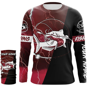 Catfish Fishing tattoo red camo lightning black Custom name performance long sleeve fishing shirts NQS5292