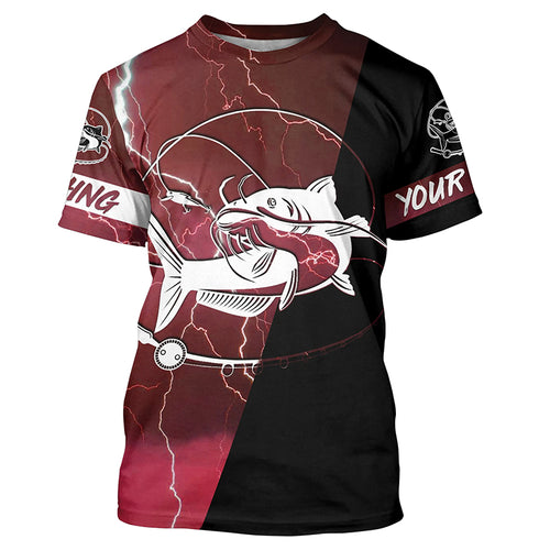 Catfish Fishing tattoo red camo lightning black Custom name performance long sleeve fishing shirts NQS5292