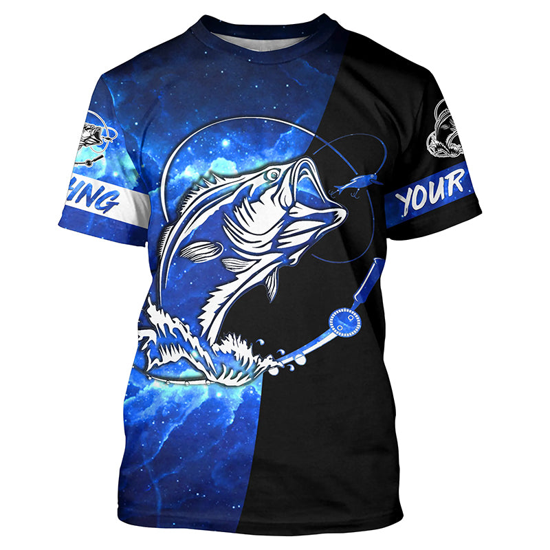 Bass Fishing tattoo blue galaxy black Custom name performance UV protection long sleeve fishing shirts NQS5293
