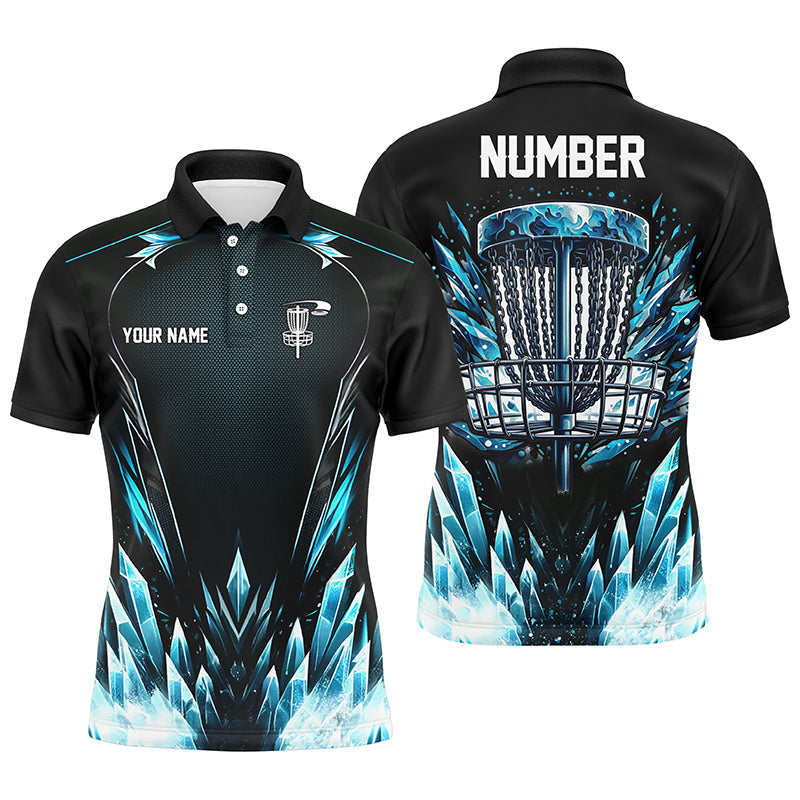 Icy blue Mens Disc golf polo shirts custom black disc  golf basket jerseys, frisbee golf shirts NQS7323