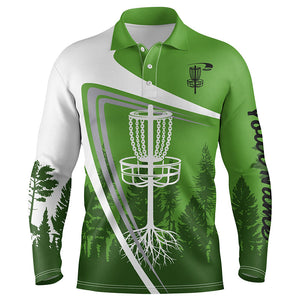 Mens disc golf polo shirt custom name green disc golf basket, personalized disc golf shirts NQS4394