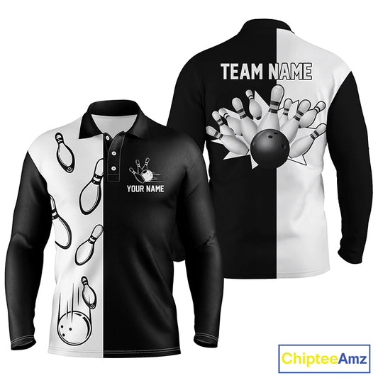 Black white personalized bowling shirt for men – custom name design side view