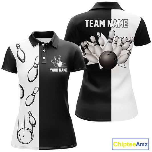 Custom Black white bowling shirt for women – personalized team jersey front view