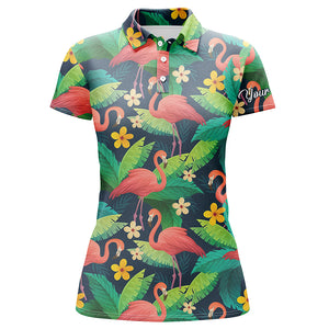 Women golf polo shirts colorful flamingo pattern green tropical leaves custom team golf polo shirts NQS4776