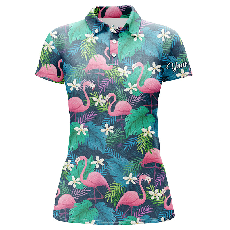 Women golf polo shirts colorful flamingo green tropical leaf pattern custom name team golf polo shirts NQS4778