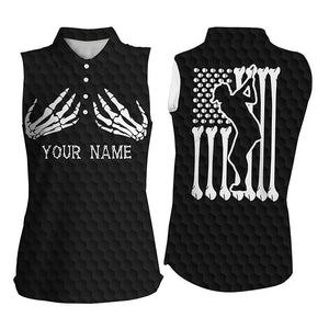 Funny Halloween Womens sleeveless polo shirt Skeleton American flag custom name black white golf shirt NQS3970