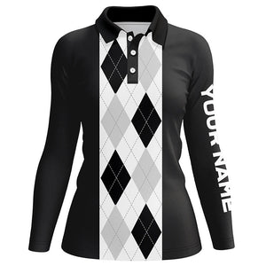 Black argyle plaid pattern Womens golf polo shirt custom golf polos shirt for womens, golfing gifts NQS7192
