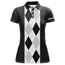 Load image into Gallery viewer, Black argyle plaid pattern Womens golf polo shirt custom golf polos shirt for womens, golfing gifts NQS7192
