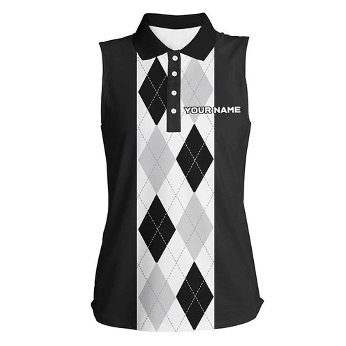 Black argyle plaid pattern Womens sleeveless golf polos custom polos shirt for womens, golfing gifts NQS7192