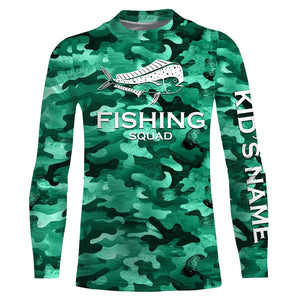 Mahi mahi ( Dorado) Fishing Squad Green Camo Customize Name 3D All Over Printed fishing Shirts For Men, Women, Kid NQS378