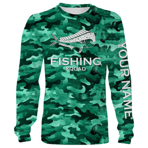 Mahi mahi ( Dorado) Fishing Squad Green Camo Customize Name 3D All Over Printed fishing Shirts For Men, Women, Kid NQS378