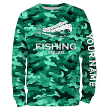 Load image into Gallery viewer, Mahi mahi ( Dorado) Fishing Squad Green Camo Customize Name 3D All Over Printed fishing Shirts For Men, Women, Kid NQS378