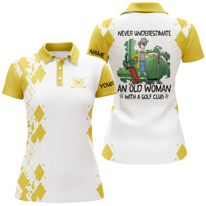 Custom name 3D women golf polo shirts multi-color never underestimate an old woman with a golf club NQS3658