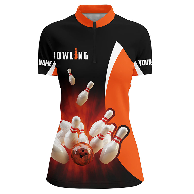Custom black orange bowling shirt for women – personalized team jersey front view