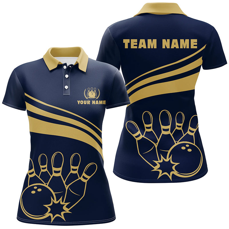 Personalized polo bowling shirts for women, custom gold womens bowling shirts team bowl jersey | Navy NQS6707