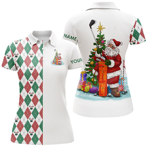 Funny Santa golfer Womens golf polo shirt custom Christmas golf ball pattern, Christmas golf gifts NQS4433