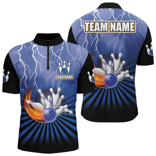 Mens Quarter Zip Shirt Custom lightning storm vintage Bowling Team Jersey, gift for Bowlers | Blue NQS7080