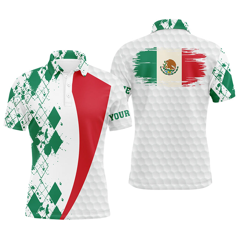 Mens golf polos shirts custom Mexico flag green argyle pattern white golf ball men's golf shirts NQS6472