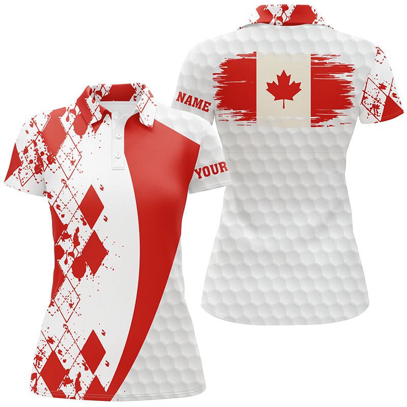 Womens golf polos shirts custom Canadian flag red argyle pattern white golf ball womens tops NQS6473