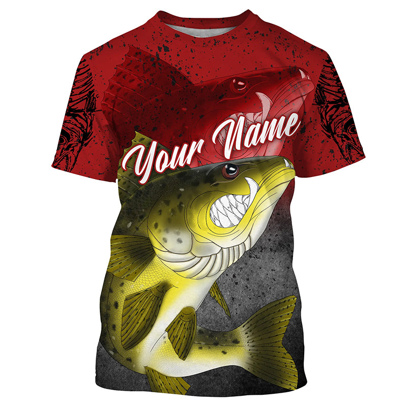 Angry Walleye Fish Skeleton fish reaper fishing Custom name walleye long sleeves fishing shirts | Red NQS4214