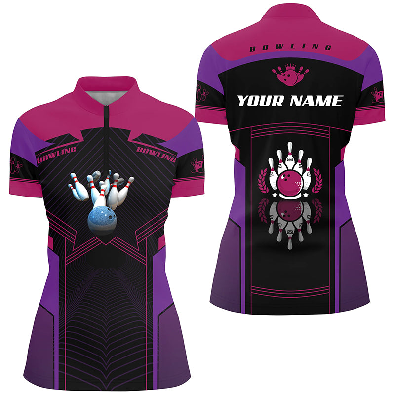 Custom purple bowling shirt for women – personalized team jersey front view