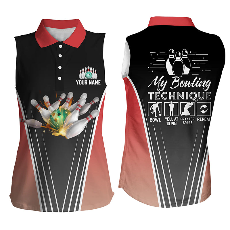 Funny Women's bowling Sleeveless polo shirts custom name My bowling technique, bowlers jersey | Red NQS4814