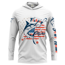 Load image into Gallery viewer, Marlin fishing American flag patriot 4th July Customize name long sleeves UV protection fishing shirts NQS2032