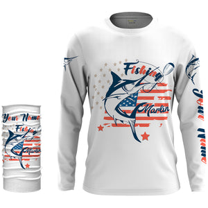 Marlin fishing American flag patriot 4th July Customize name long sleeves UV protection fishing shirts NQS2032