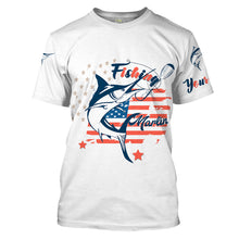 Load image into Gallery viewer, Marlin fishing American flag patriot 4th July Customize name long sleeves UV protection fishing shirts NQS2032