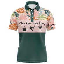 Load image into Gallery viewer, Mens golf polo shirt plan for the day coffee golf wine custom name tropical leaves floral golf shirt NQS3999