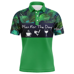 Mens golf polo shirt plan for the day coffee golf wine custom name green tropical plants golf shirt NQS4000