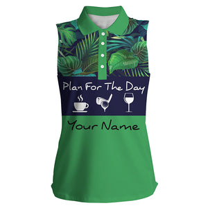 Womens sleeveless polo shirt plan for the day coffee golf wine custom green tropical plants golf shirt NQS4000