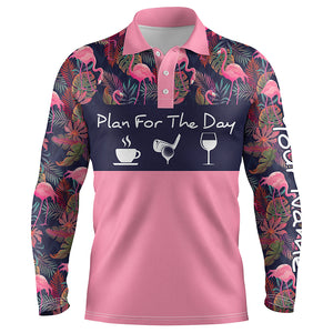 Mens golf polo shirt plan for the day coffee golf wine custom pink flamingo and palm leaves golf shirt NQS4001