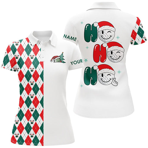 Christmas golf ball Ho Ho Ho Womens golf polo shirt custom red, white, green argyle pattern golf gift NQS6725