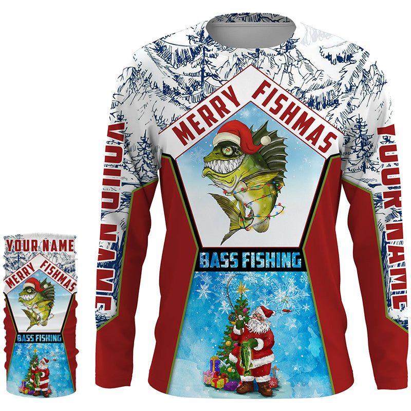 Merry fishmas Bass Fishing custom name sun protection long sleeve fishing shirts, Santa fishing jersey NQS4455