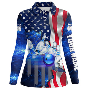 American flag blue galaxy Custom Bowling Polo Shirts For Women patriotic Bowling Team League Jerseys NQS6731