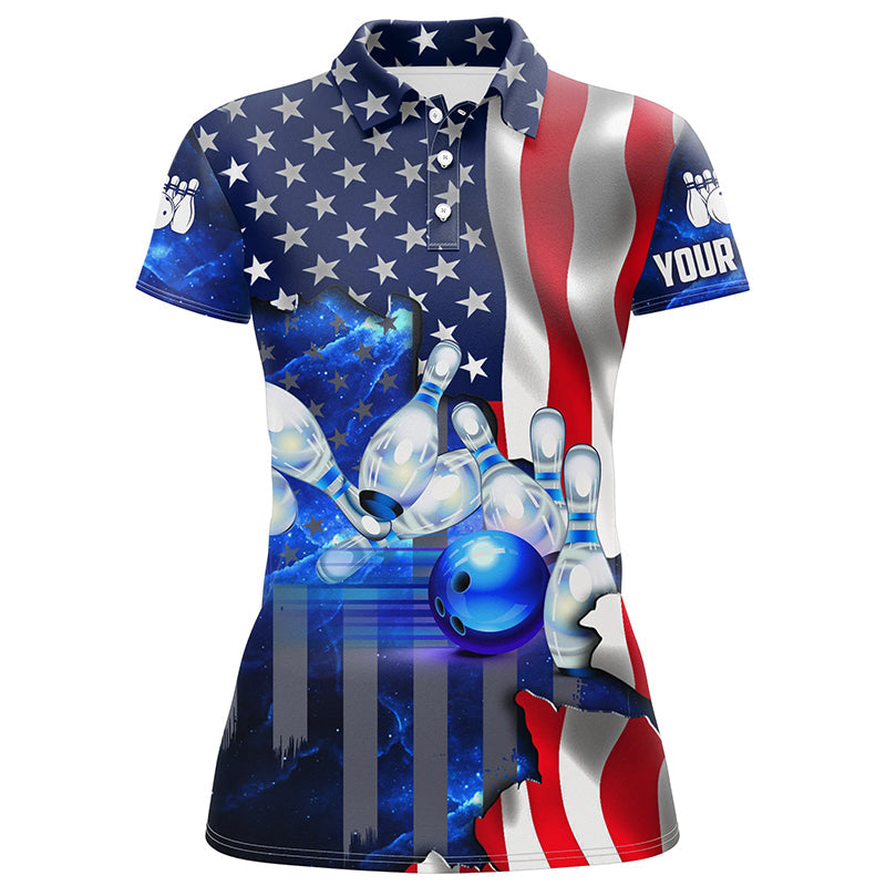 American flag blue galaxy Custom Bowling Polo Shirts For Women patriotic Bowling Team League Jerseys NQS6731