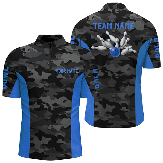 Men bowling Quarter Zip shirts Custom gray camo Bowling Team Jersey, Bowling Team League Shirt | Blue NQS7095