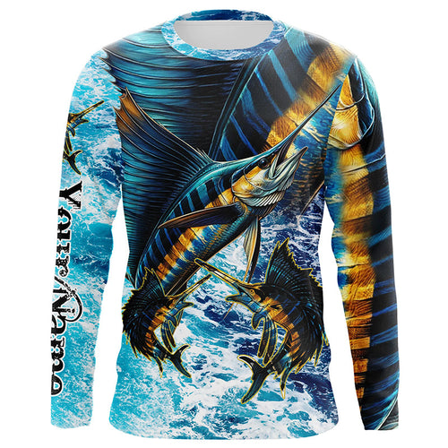 Sailfish fishing scales blue sea water camo Custom UV protection performance long sleeve fishing shirt NQS7097