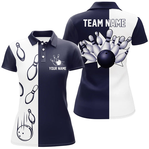 Navy Blue and white retro vintage Bowling polo shirts for women custom Bowling team jerseys NQS6480