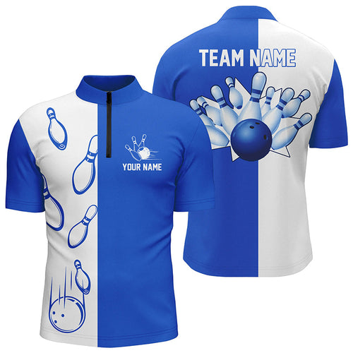 Blue and white retro vintage Bowling Quarter Zip shirts for men custom Bowling team jerseys NQS6481